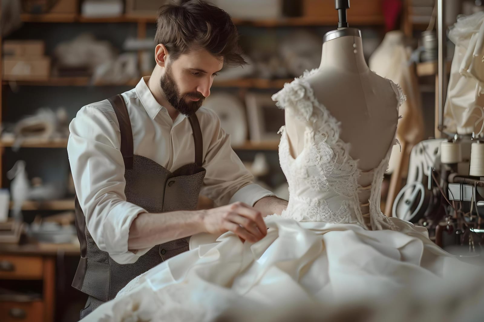 Costureiro criando vestido de noiva em pequeno ateliê artesanal