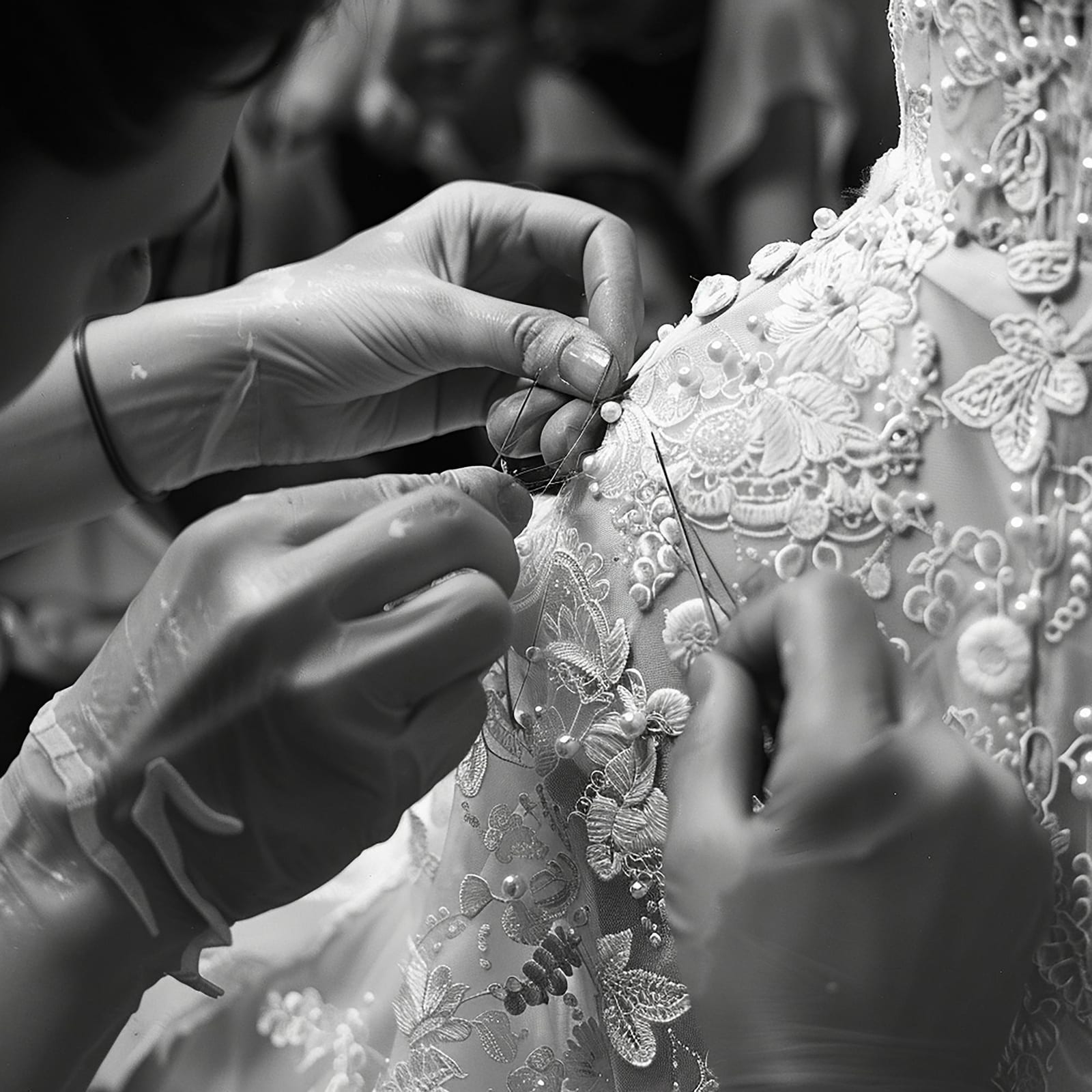 Ateliê bordando à mão detalhes de um vestido de noiva